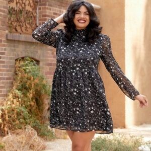 ModCloth Baez For Days Dress Celestial Star Printed Metallic Smocked High Neck M